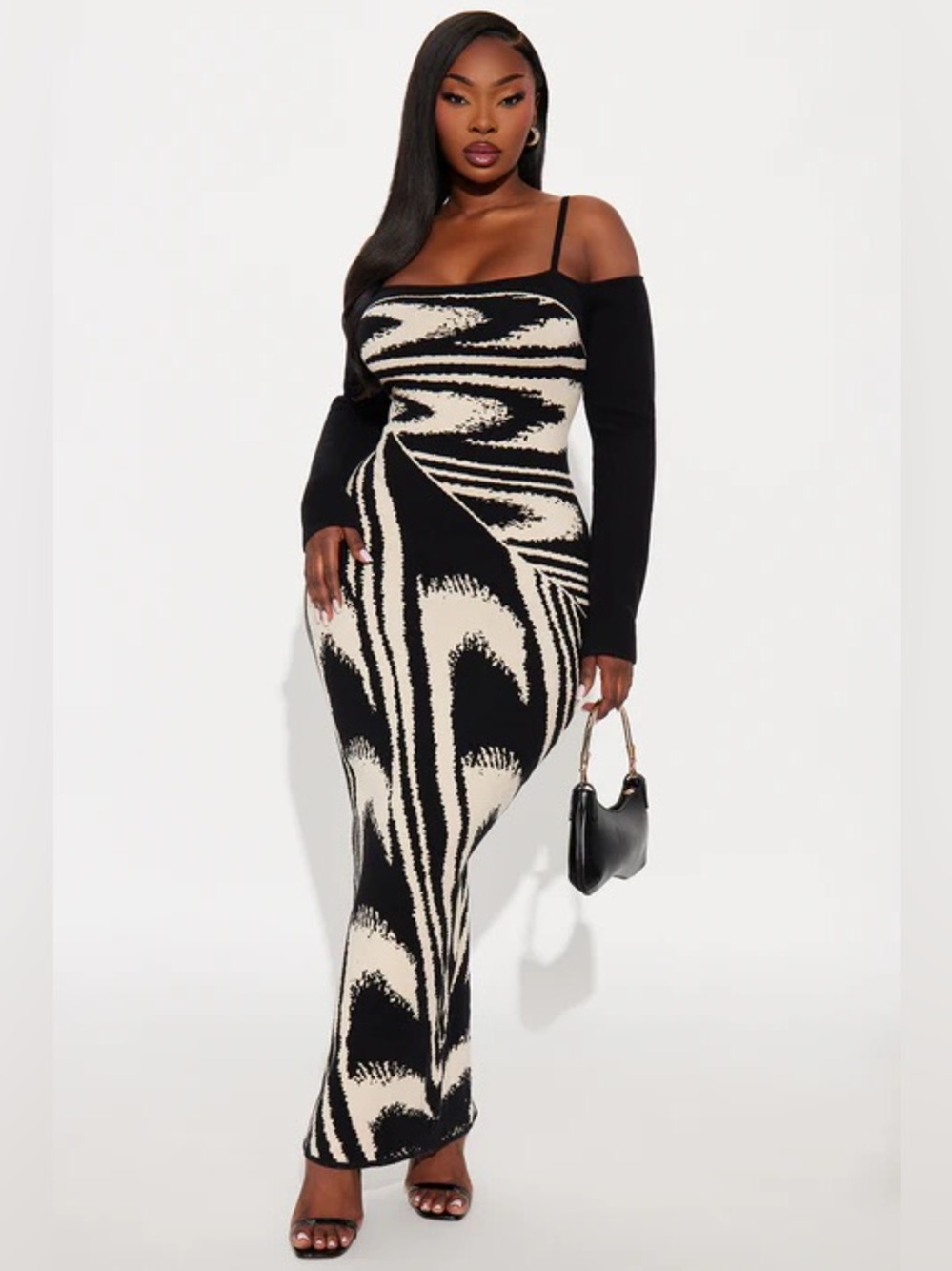 Black & Cream Off-Shoulder Bodycon Maxi Dress